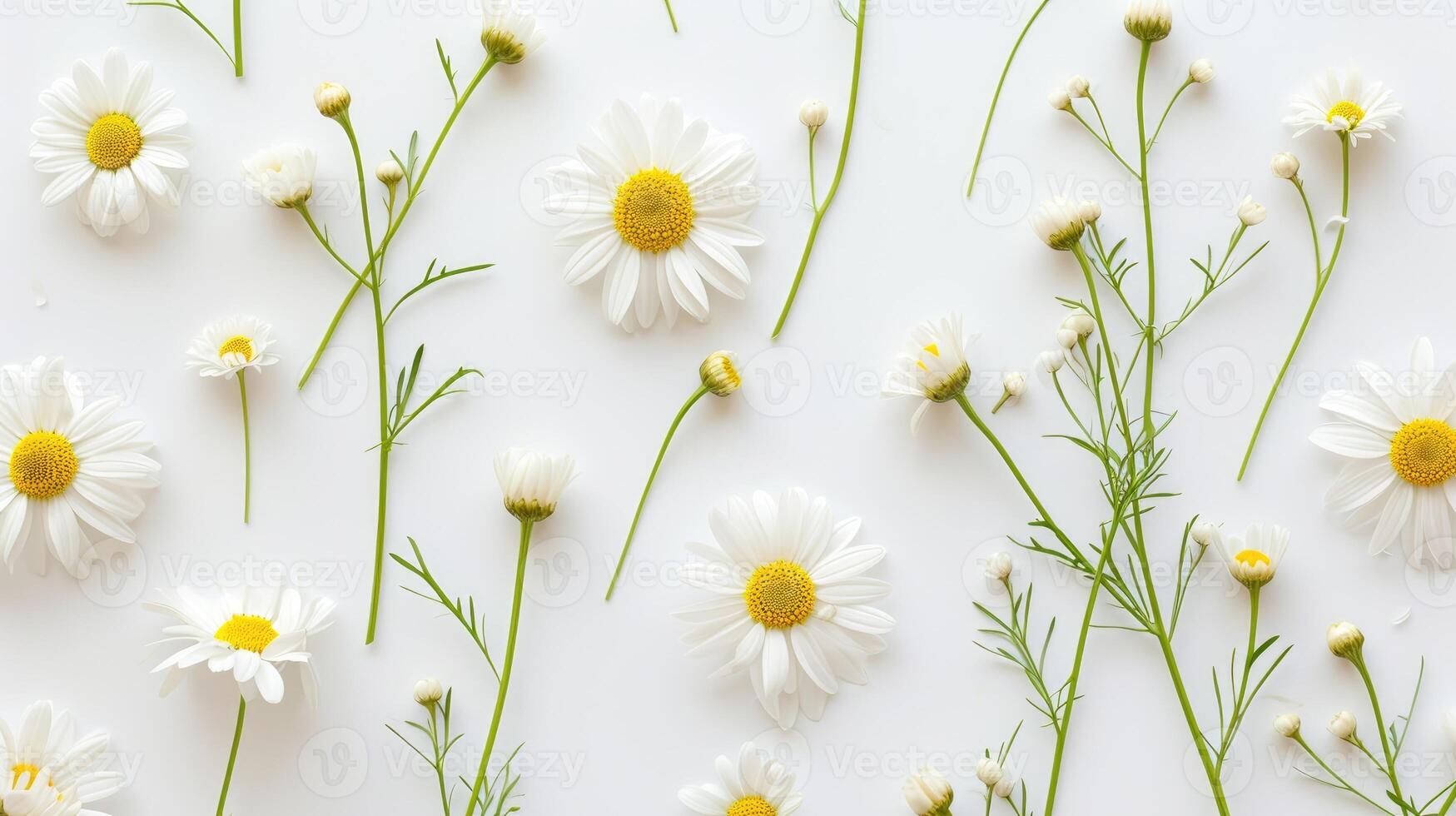 AI generated Chamomile daisy buds and stems brightly patterned on a white background, Ai Generated photo