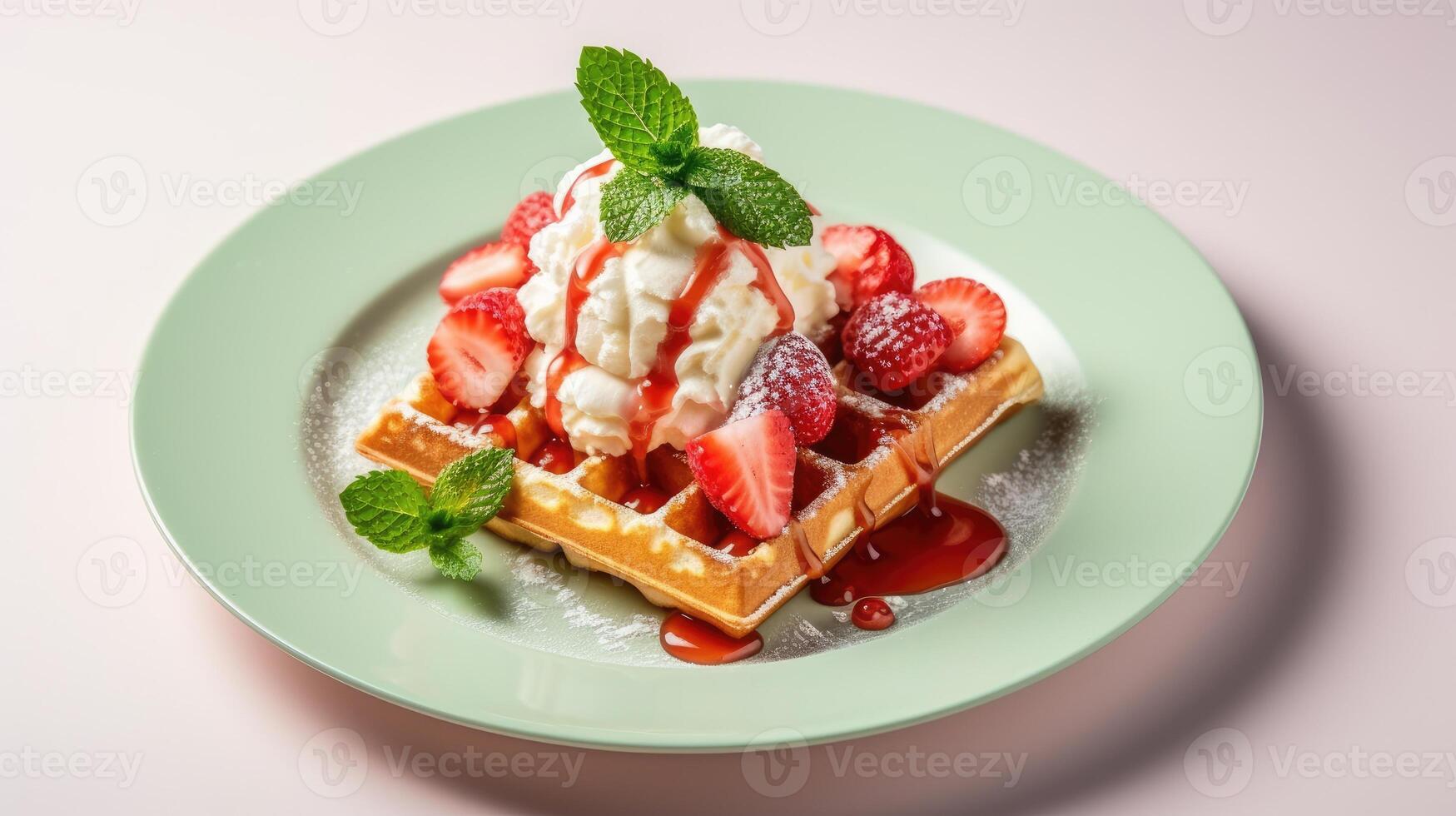 AI generated Indulge in the perfection of Viennese waffles complemented by creamy ice cream, a dessert masterpiece, Ai Generated. photo