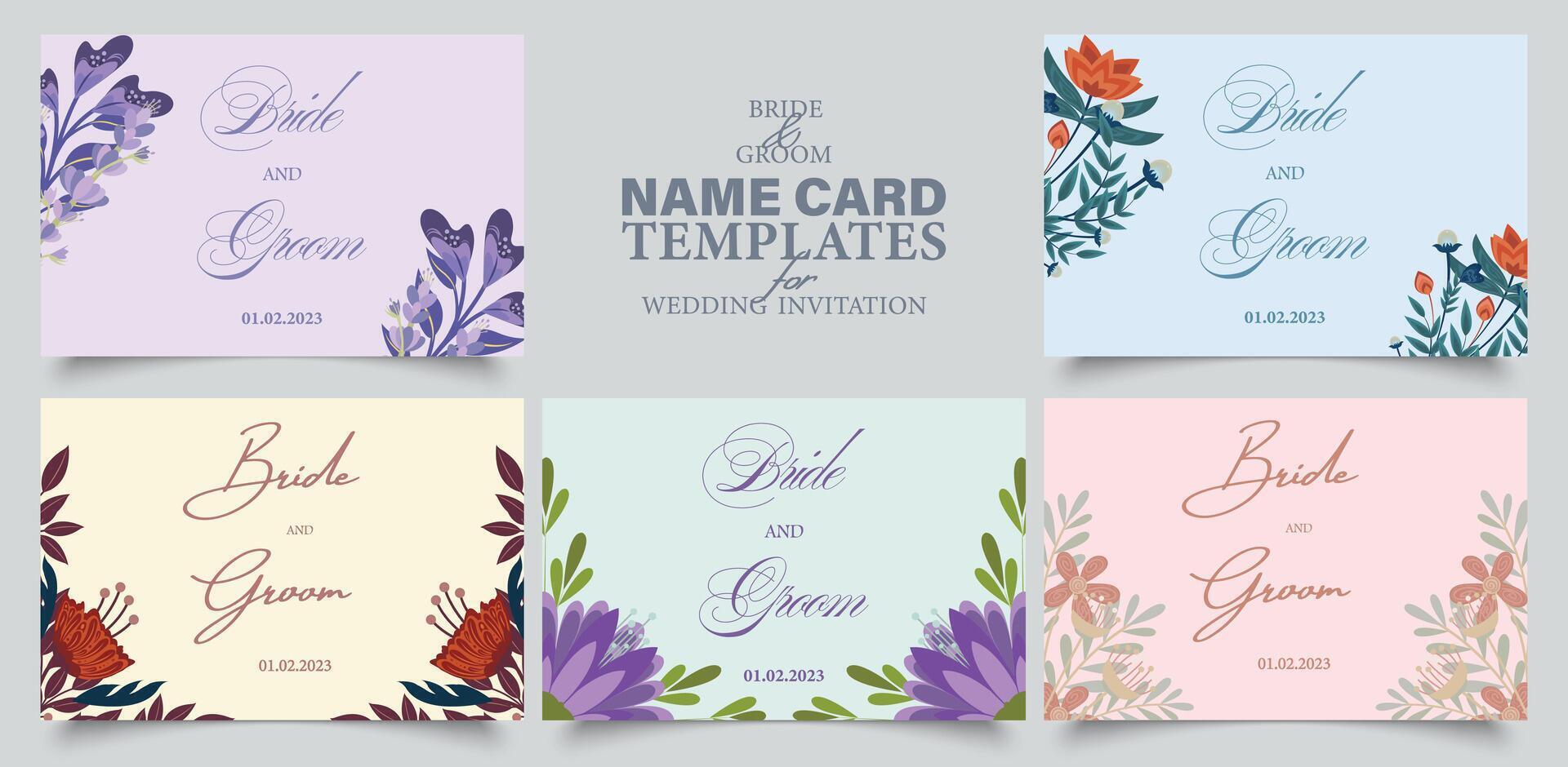 Bride and Groom Name Card Templates in spring colors. Set of Five floral ornate cards in pastel colors with place for Names and event date. vector