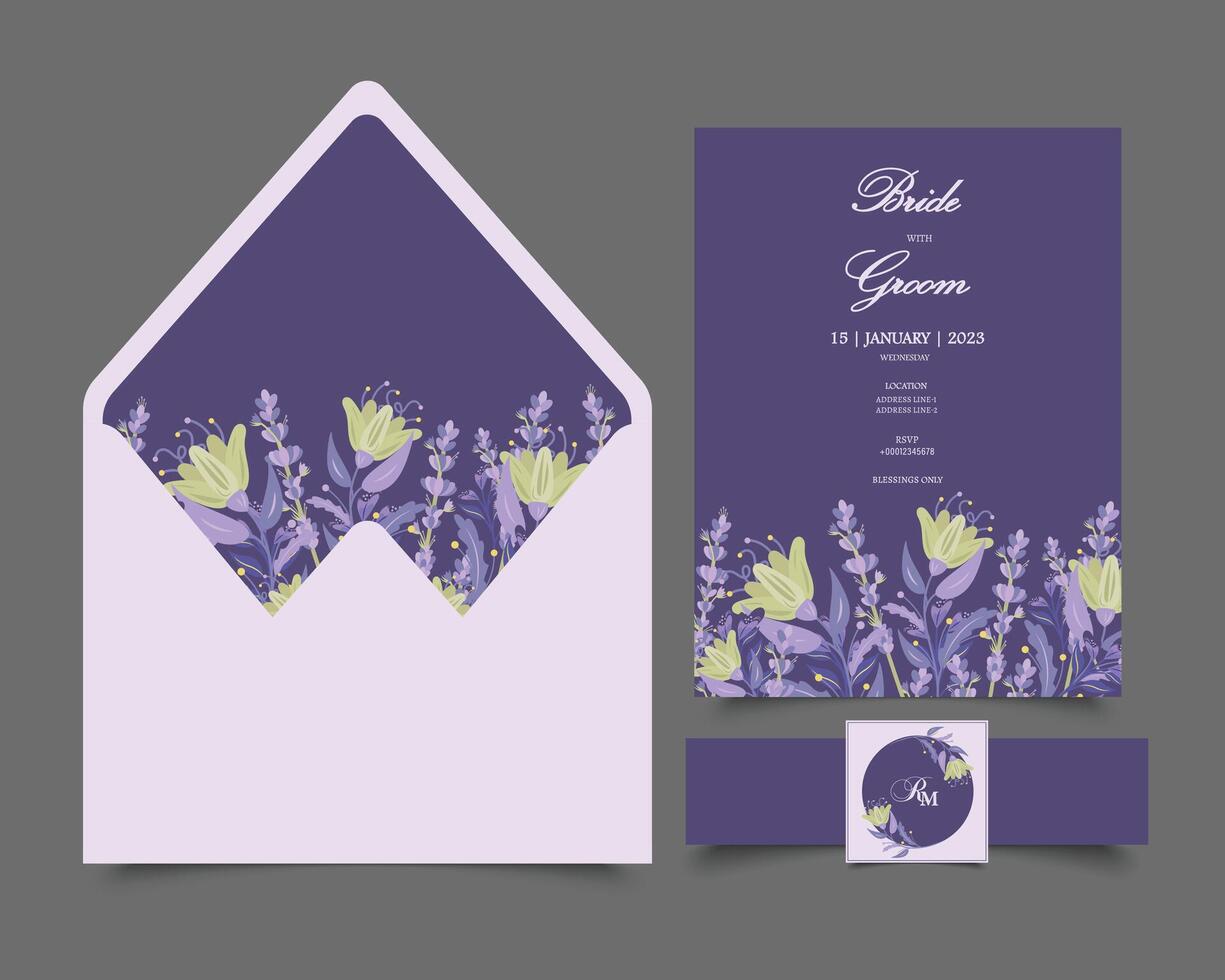 Floral wedding invitation set template in Spring theme. Set of three invitation stationeries including a card, envelope and a sticker with bellyband vector