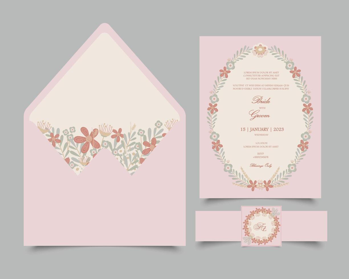 floral Boda invitación conjunto modelo en primavera tema. conjunto de Tres invitación papeleria incluso un tarjeta, sobre y un pegatina con banda estomacal vector