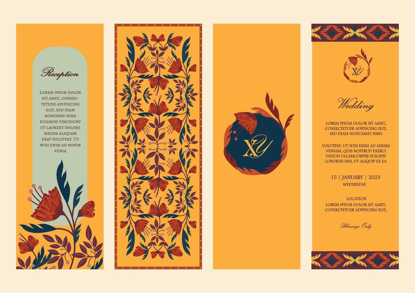 Floral vertical Invitations in Spring color palette. Template for invitation card, wedding invitation, name tag, thank you message, bookmark, menu, label, banner etc with place for texts. vector