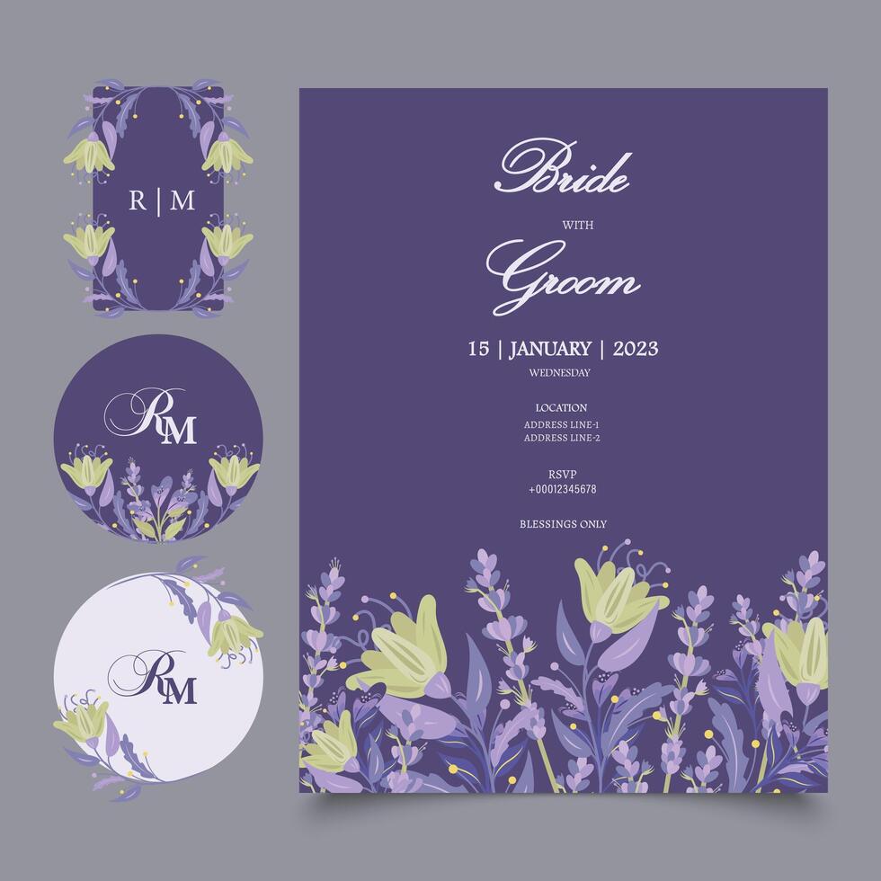 Floral Wedding Invitation Card and Stickers in Spring color palette. Template for Wedding Invitations, stickers, seals, name initials, name tags, floral frames etc with place for texts. vector