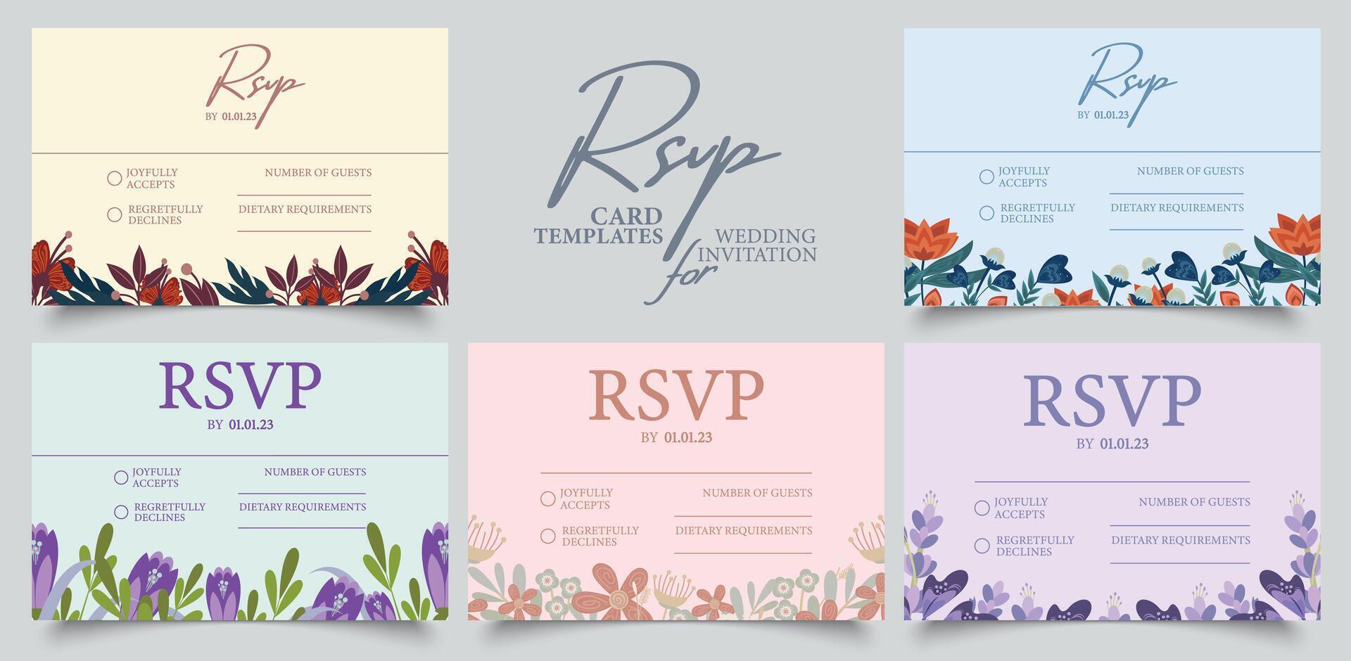 rsvp Boda tarjeta plantillas en primavera colores. conjunto de cinco pastel color rsvp tarjeta plantillas con sitio para texto vector