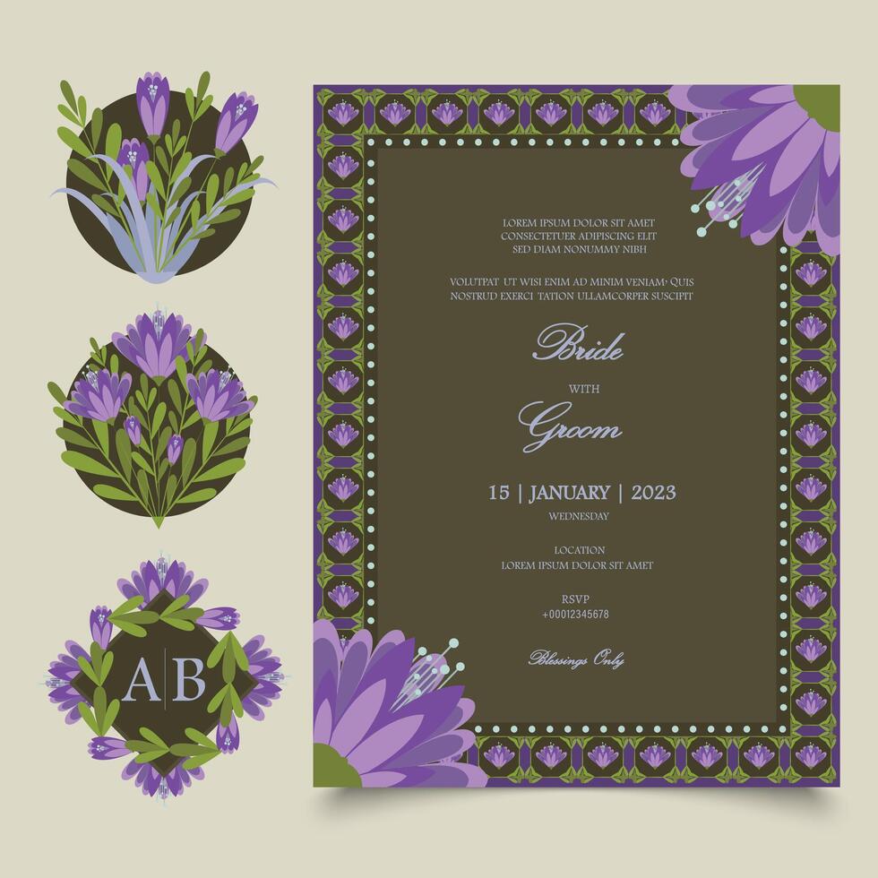 floral Boda invitación tarjeta y pegatinas en primavera color paleta. modelo para Boda invitaciones, pegatinas, focas, nombre iniciales, nombre etiquetas, floral marcos etc con sitio para textos. vector