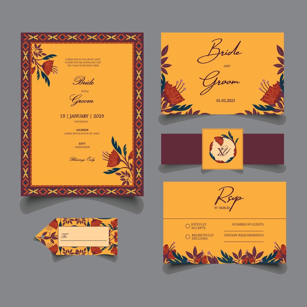 Wedding Invitation templates with floral elements including Wedding Card, RSVP Card, Name-card, Thank you card, sticker with belly Band and Tag. vector