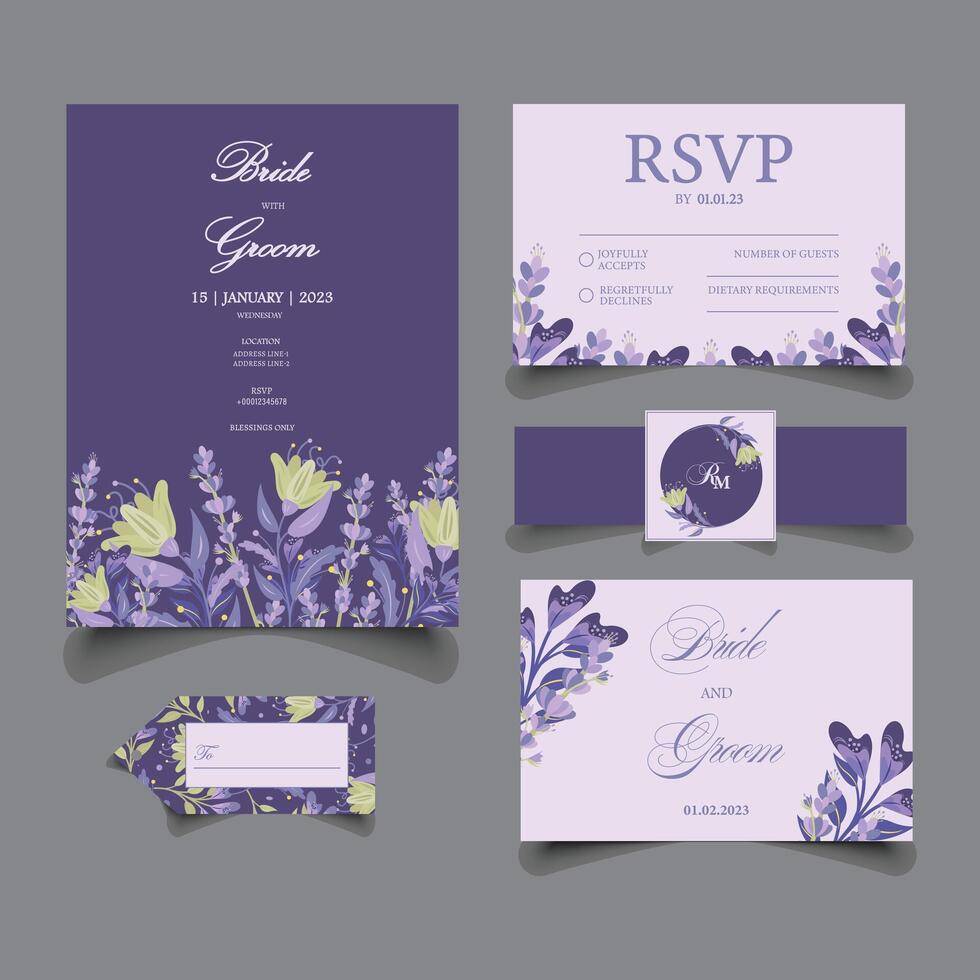 Wedding Invitation templates with floral elements including Wedding Card, RSVP Card, Name-card, Thank you card, sticker with belly Band and Tag. vector