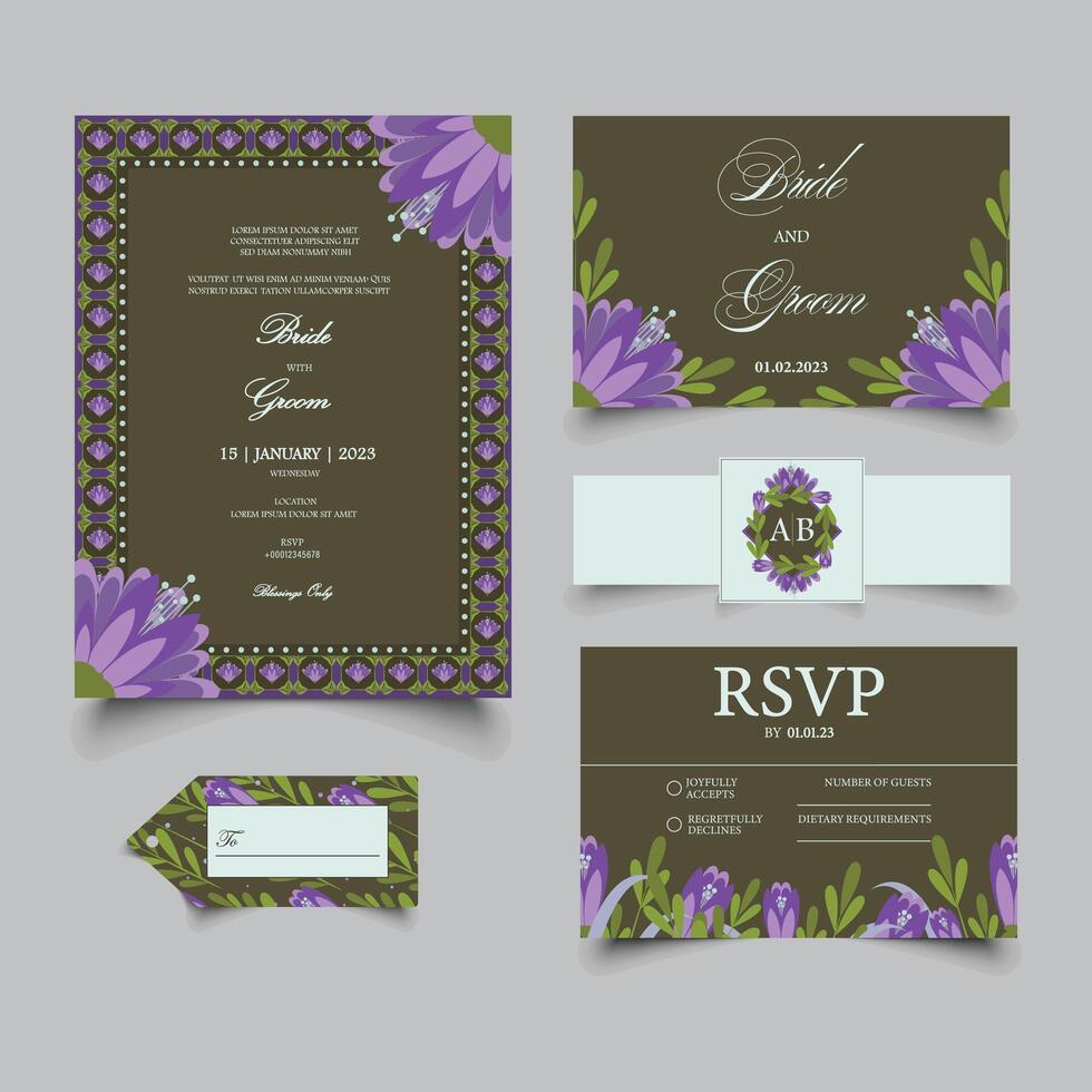 Boda invitación plantillas con floral elementos incluso Boda tarjeta, rsvp tarjeta, nombre de tarjeta, gracias usted tarjeta, pegatina con barriga banda y etiqueta. vector