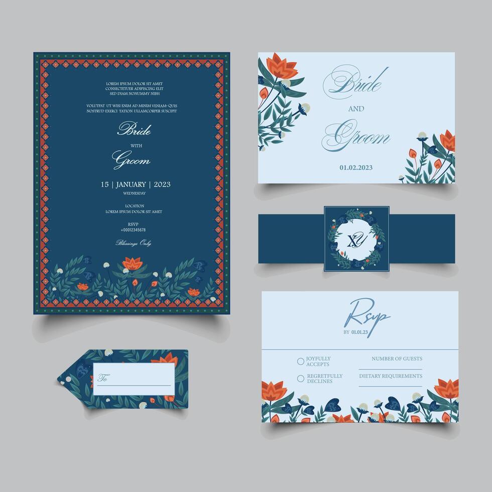 Wedding Invitation templates with floral elements including Wedding Card, RSVP Card, Name-card, Thank you card, sticker with belly Band and Tag. vector