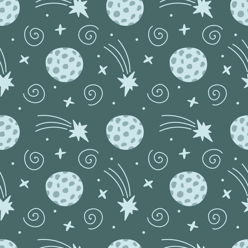 Seamless space pattern. Moon, star, doodle. Vector baby illustration. For packaging, wallpaper, clothing, bed linen