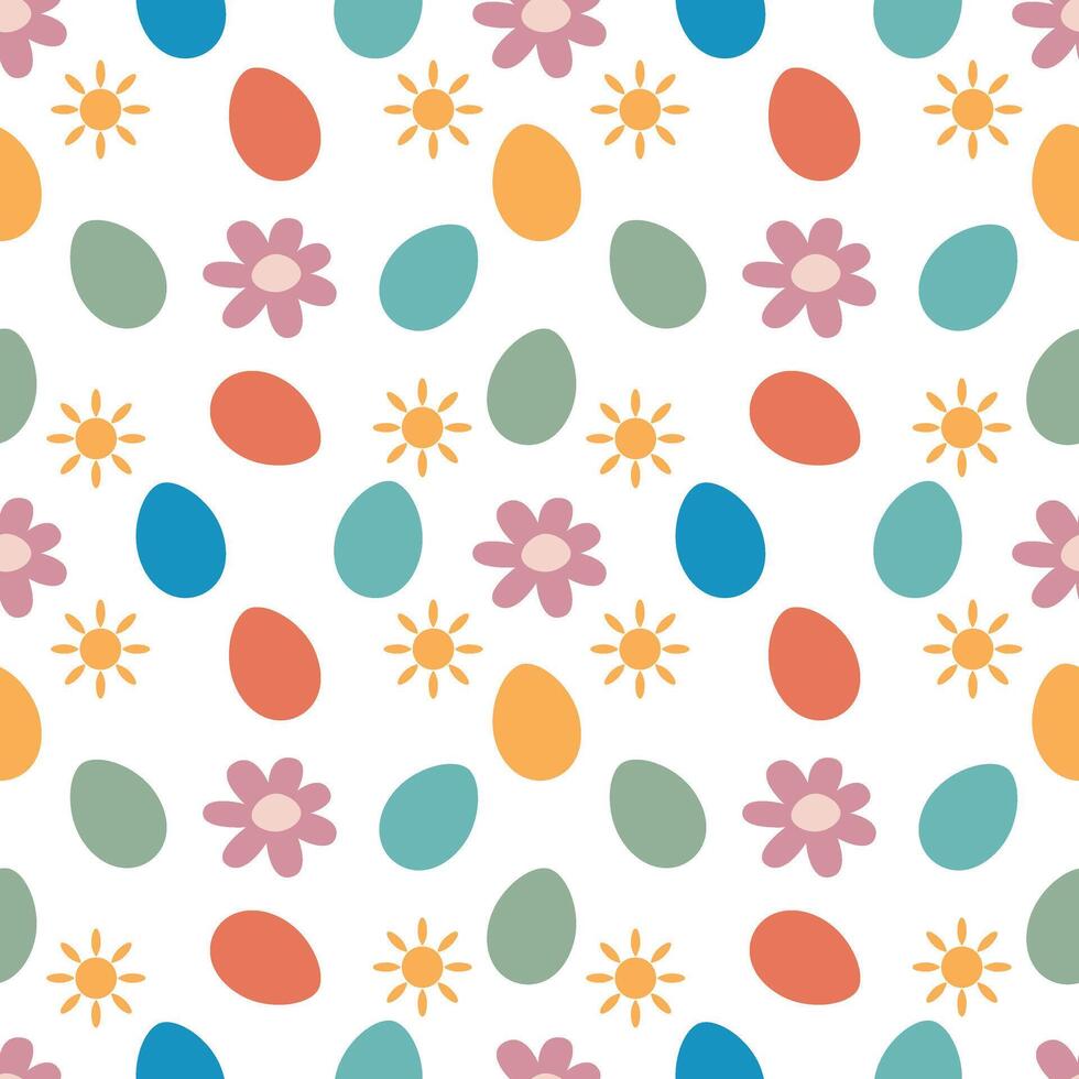 Seamless Easter pattern. Multi-colored Easter eggs, sun and flowers. For packaging, wrapping paper, textiles vector