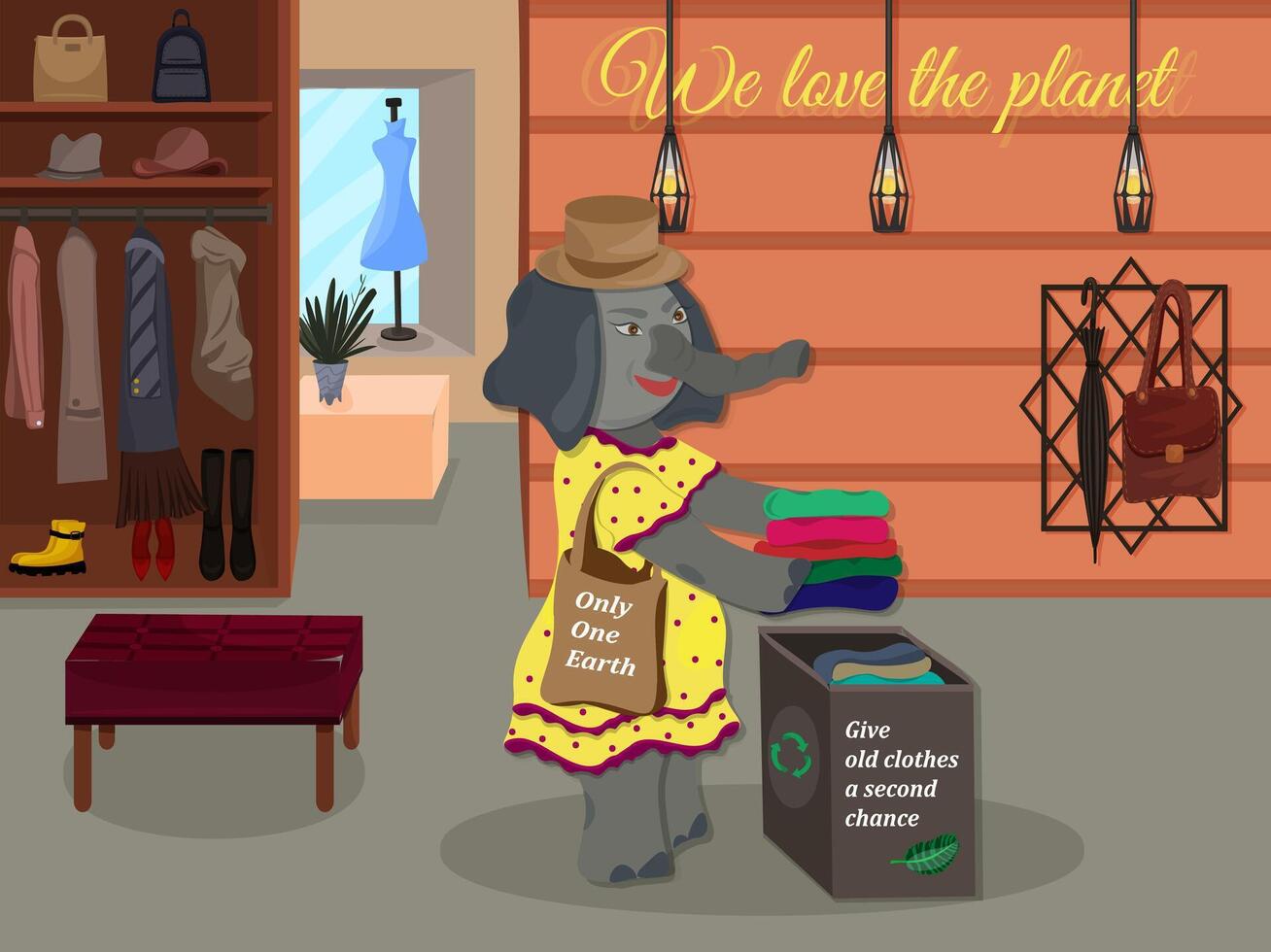 Character design. The elephant in the store recycles old things. Interior of clothing and shoe stores. Showcase with mannequins. Eco-friendly lifestyle. Vector illustration in cartoon style.