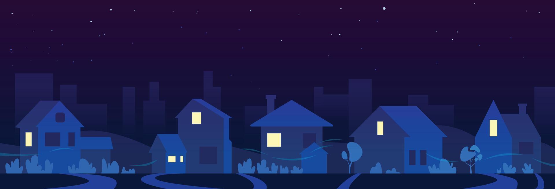 Night time neighborhood landscape. Town houses and big city on the background. Window light vector