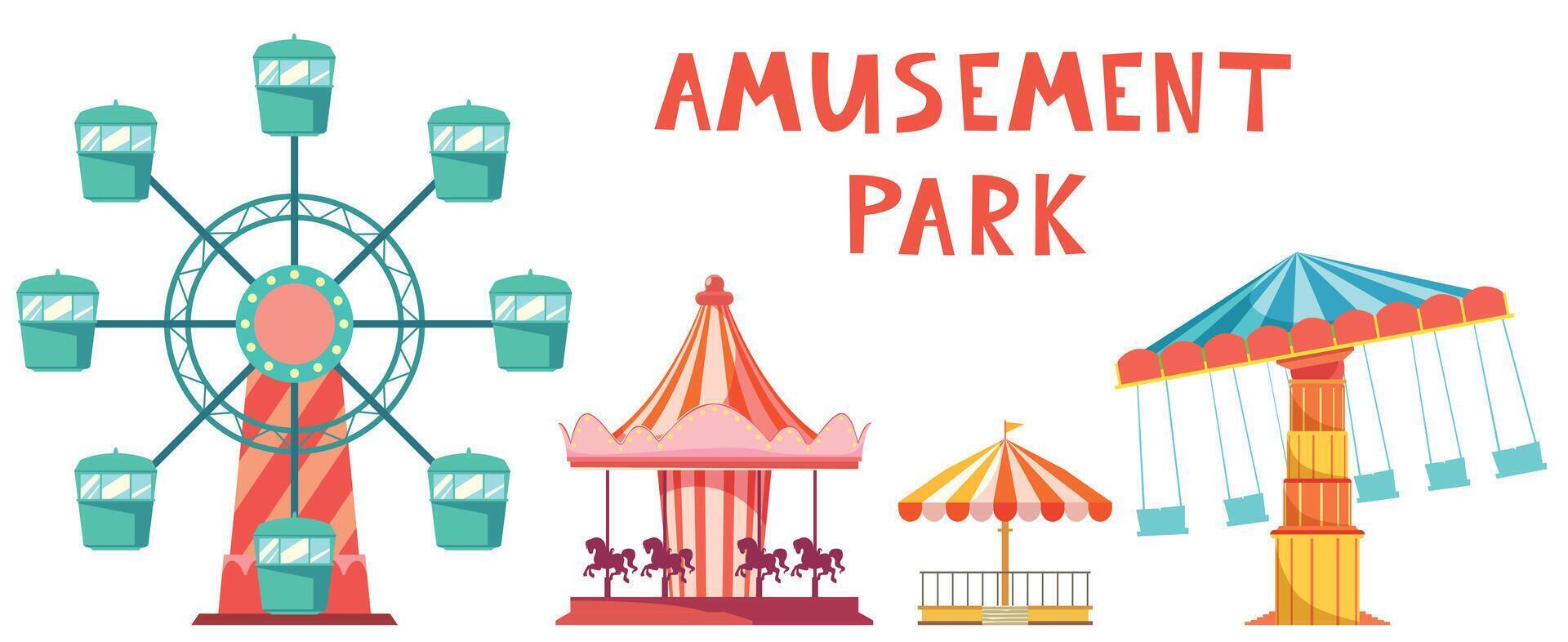 Amusement park scene illustration in vector. Recreation park detailed collection with carrousel in flat design vector