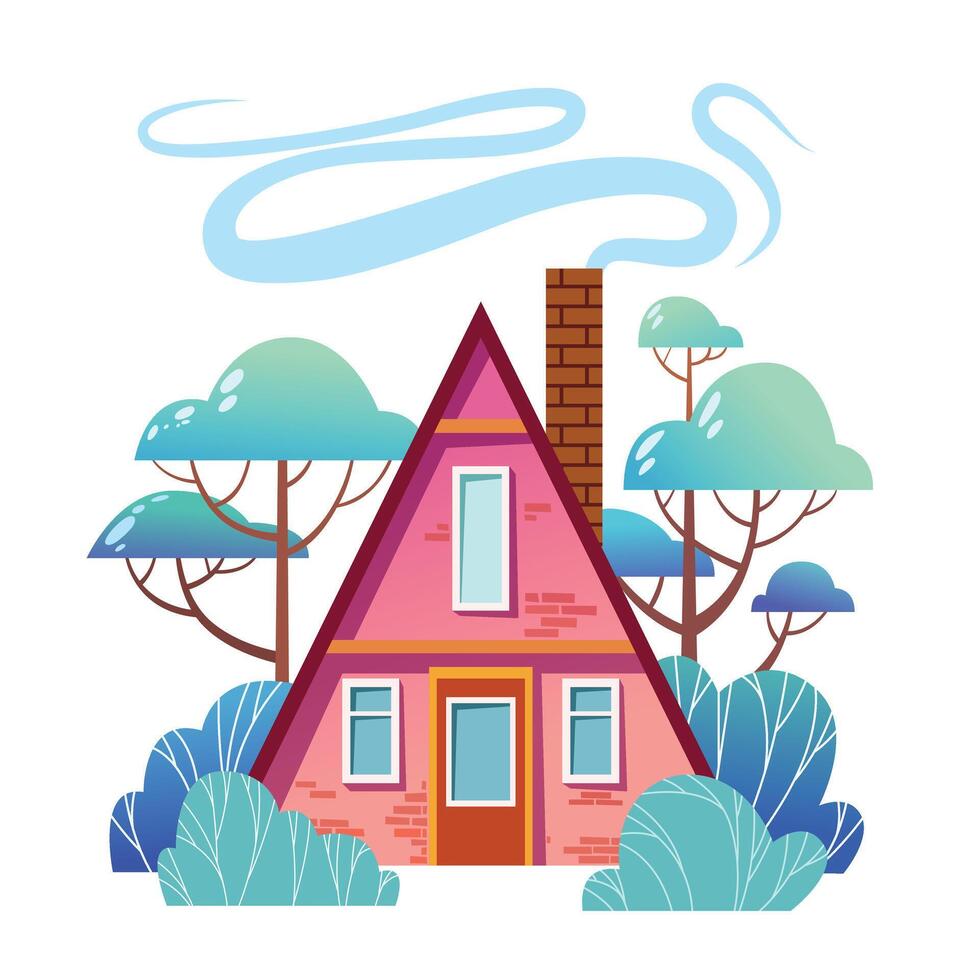minúsculo casa con Chimenea y inclinado techo en el bosque. estilizado turquesa y púrpura colores vector