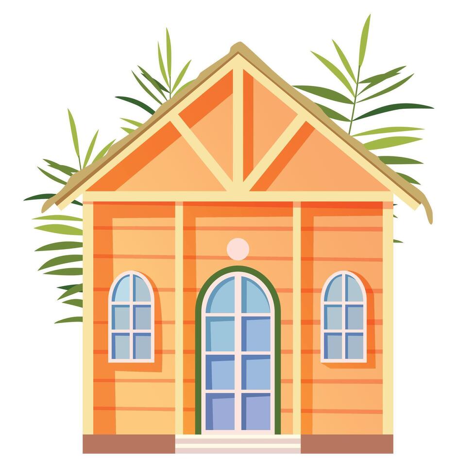 vector ilustración de un playa casa fachada con palma hojas. de madera bungalow con grande ventanas y madera tablones - frente ver