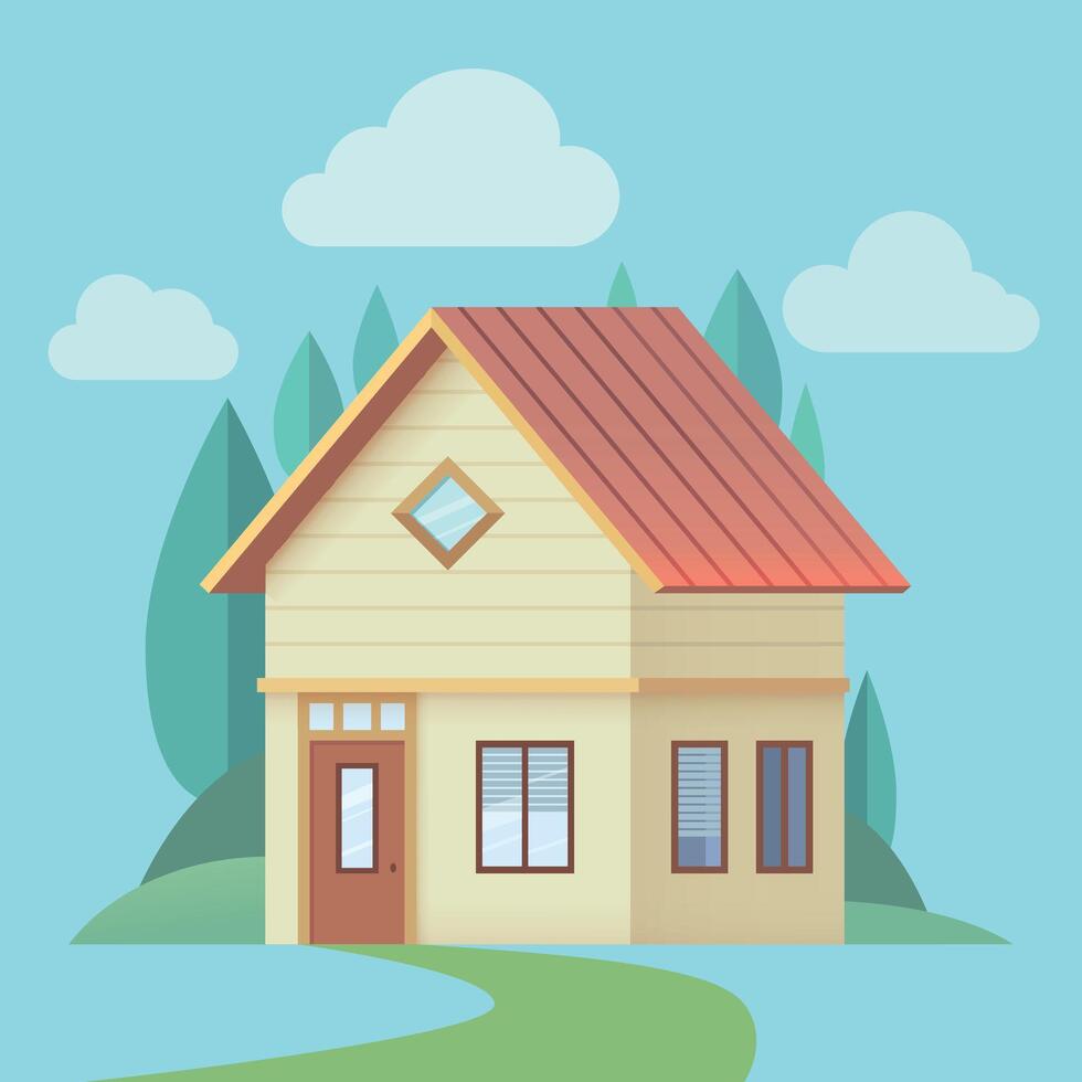 Cozy flat design house illustration with minimalistic trees and hills. Siding and tiled roof house design vector