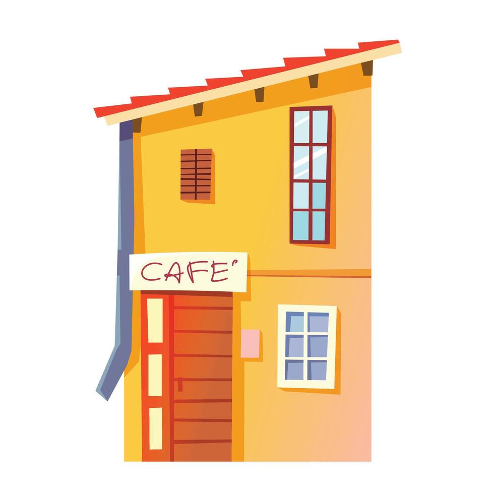 Vector illustration of old town house cafe exterior. Cute tiny house front view with sign cafe