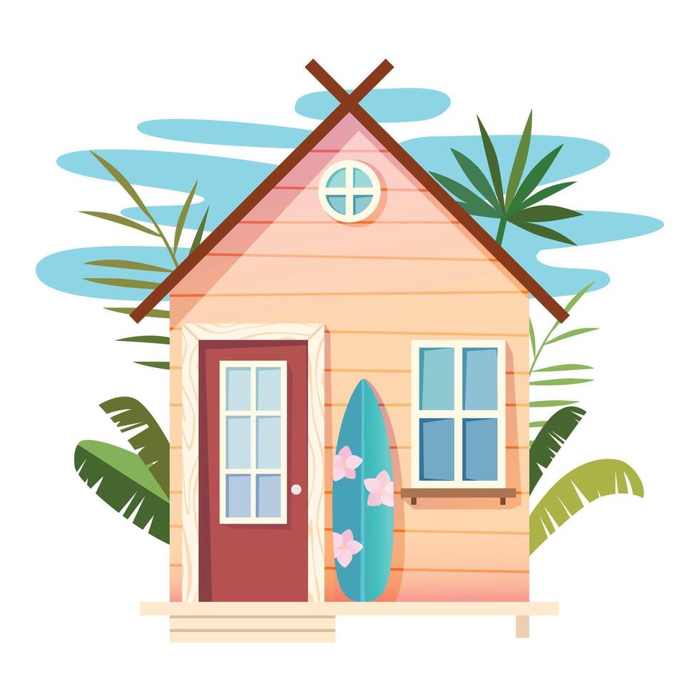 Tiny beach house with surf board and palm trees. Wooden bungalow summertime illustration vector
