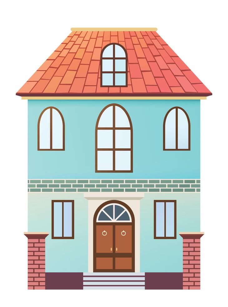 Cozy cottage facade watercolor illustration. Suburban house front view with tiled roof and porch vector