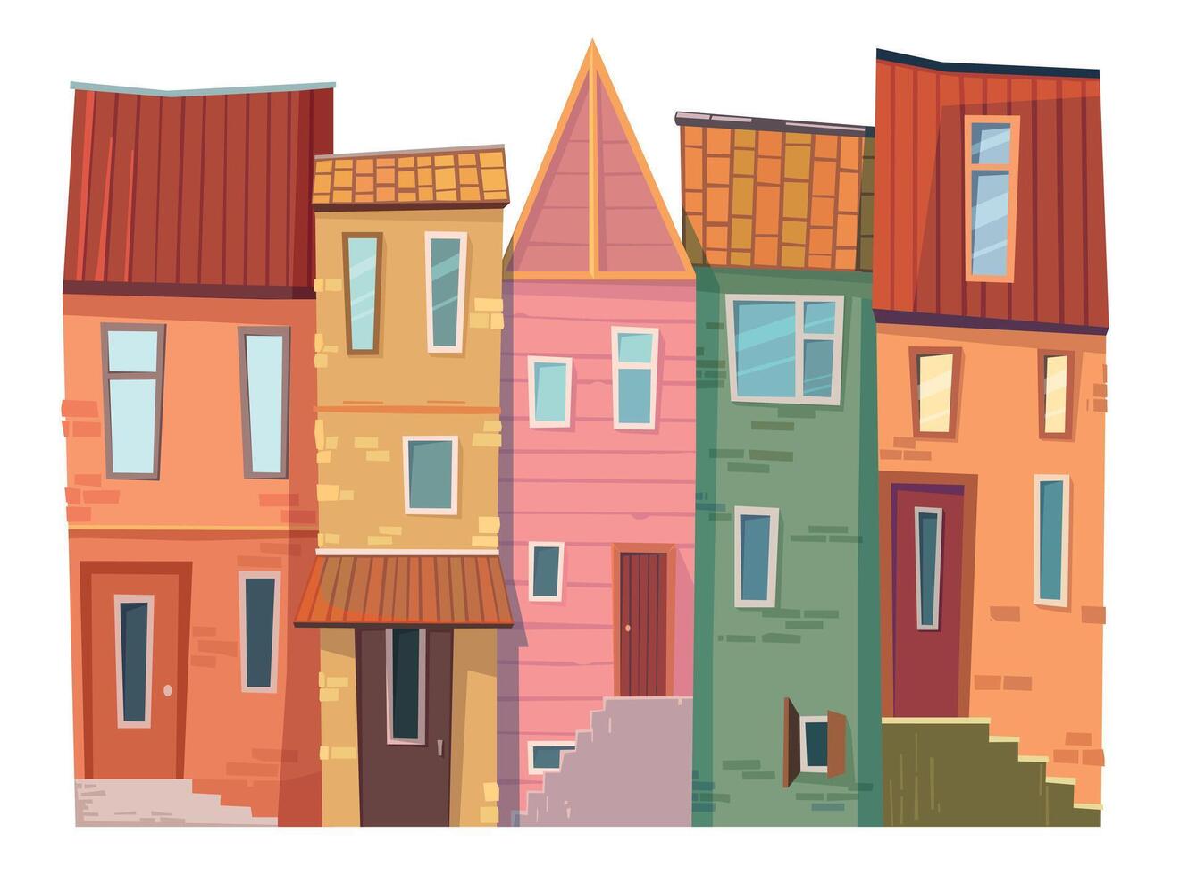 Old street view vector illustration. Cute tiny houses with tiled roof and tall windows