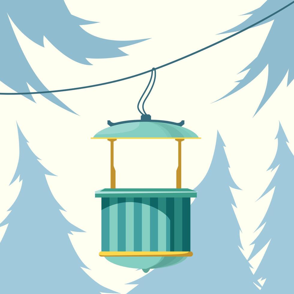 Retro funicular cabin in the winter forest. Holiday cable railway resort flat design vector