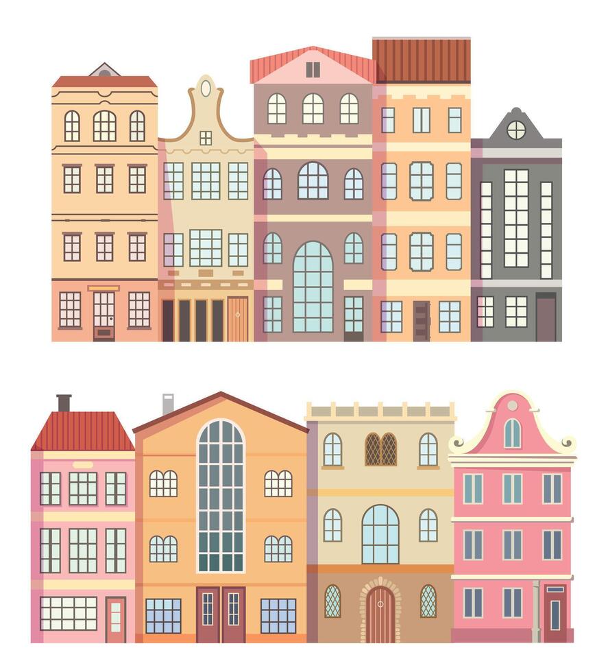Detailed colorful Amsterdam houses. Old European street view with stylized tiny houses vector