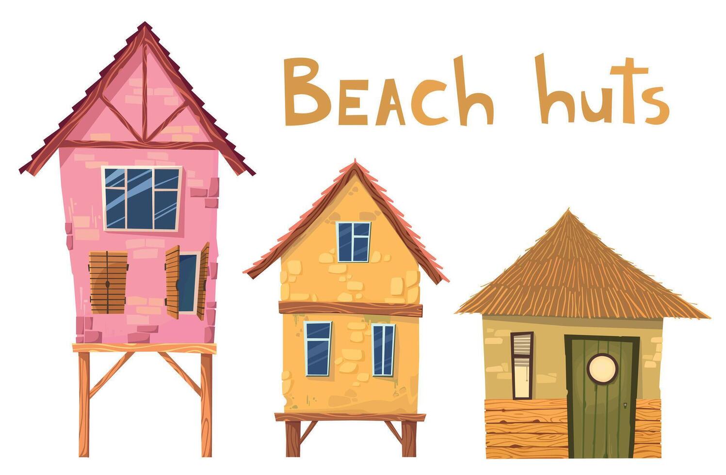linda estilizado playa casas frente vista. soleado verano bungalow colección vector