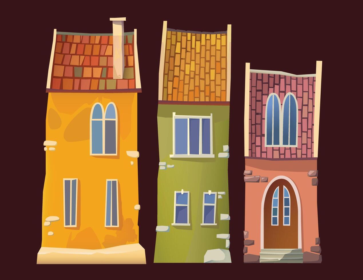 linda minúsculo casas ilustración conjunto en vector. frente ver casas con alto embaldosado techo y ladrillo paredes antiguo pueblo calle ver vector