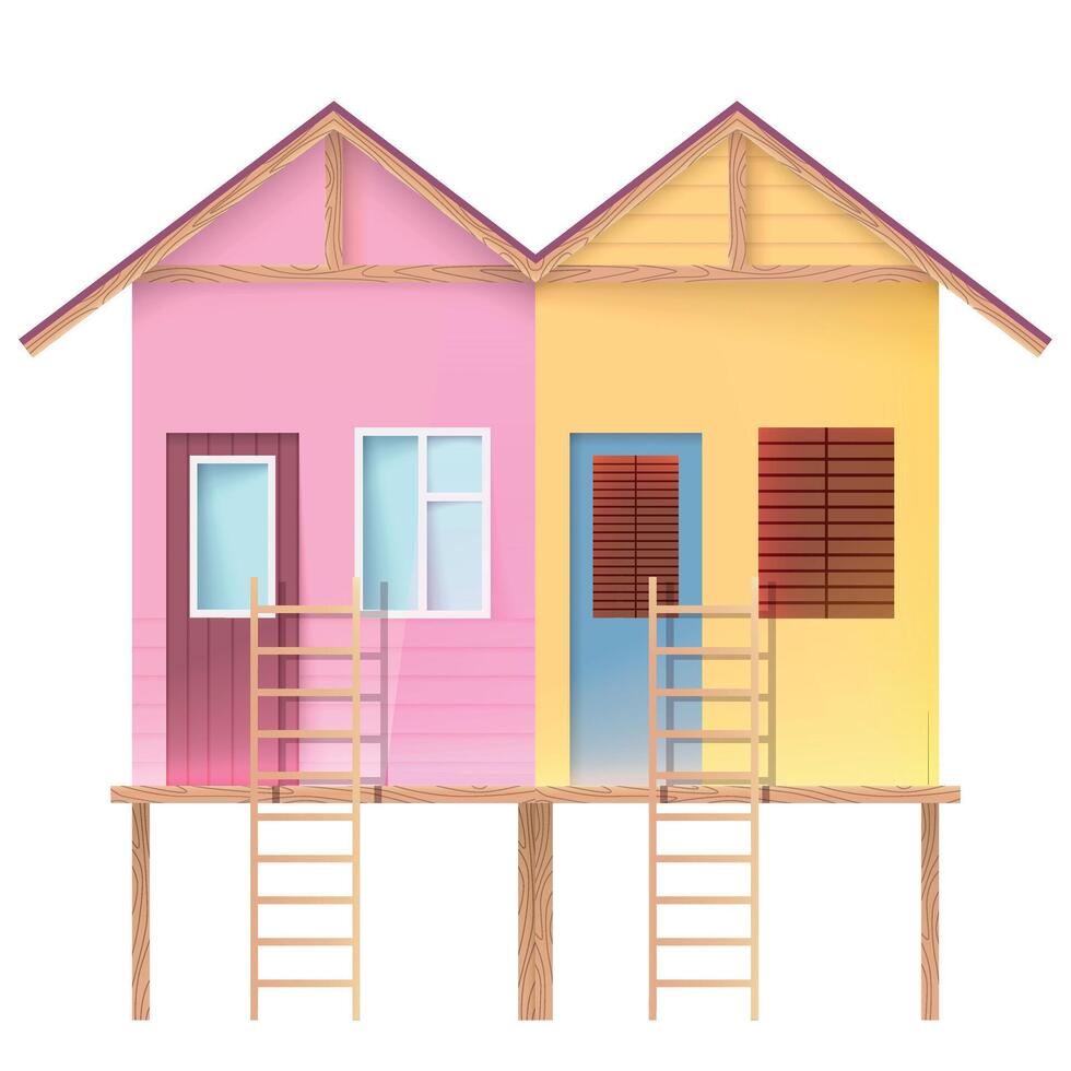 Tiny bungalow facades in minimal flat design. Small colorful beach houses on piles with ladders. Cozy home front view vector