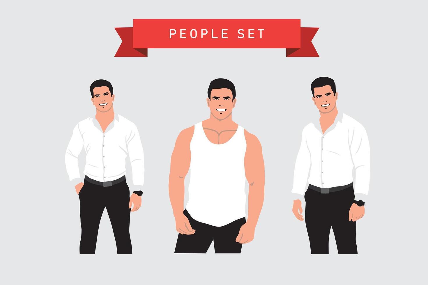 vector conjunto de hombres en diferente poses y ropa. plano estilo ilustración.