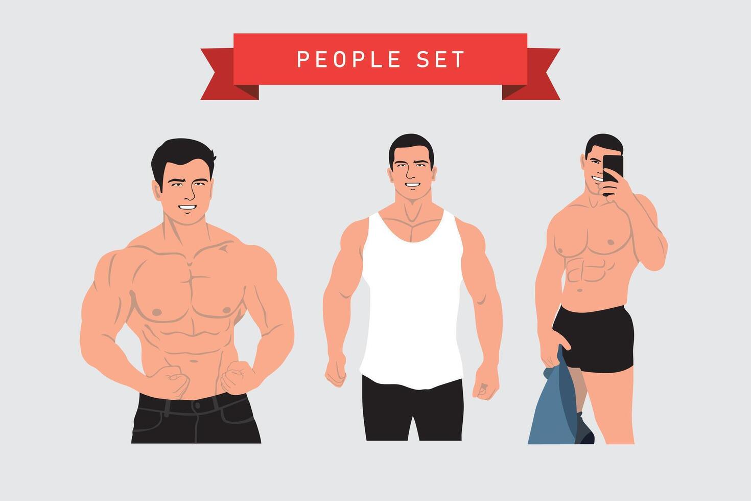 Vector set of male bodybuilders in different poses. Flat style illustration.