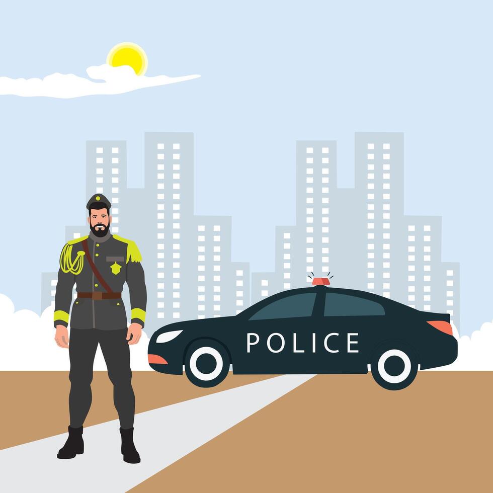 Police officer standing near police car. Vector illustration in flat style.