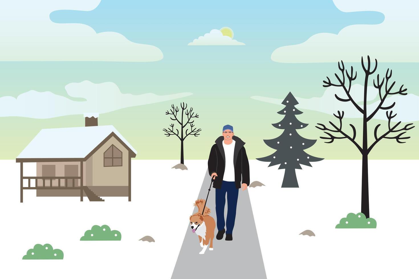 hombre caminando con perro en el parque. vector ilustración en plano estilo