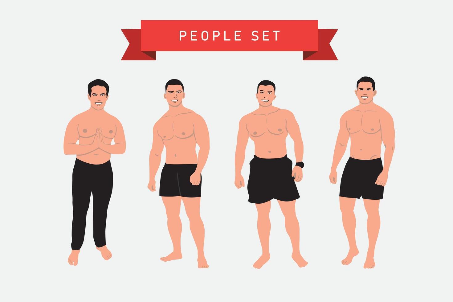 Set of vector illustrations of a bodybuilder in different poses. Flat style.