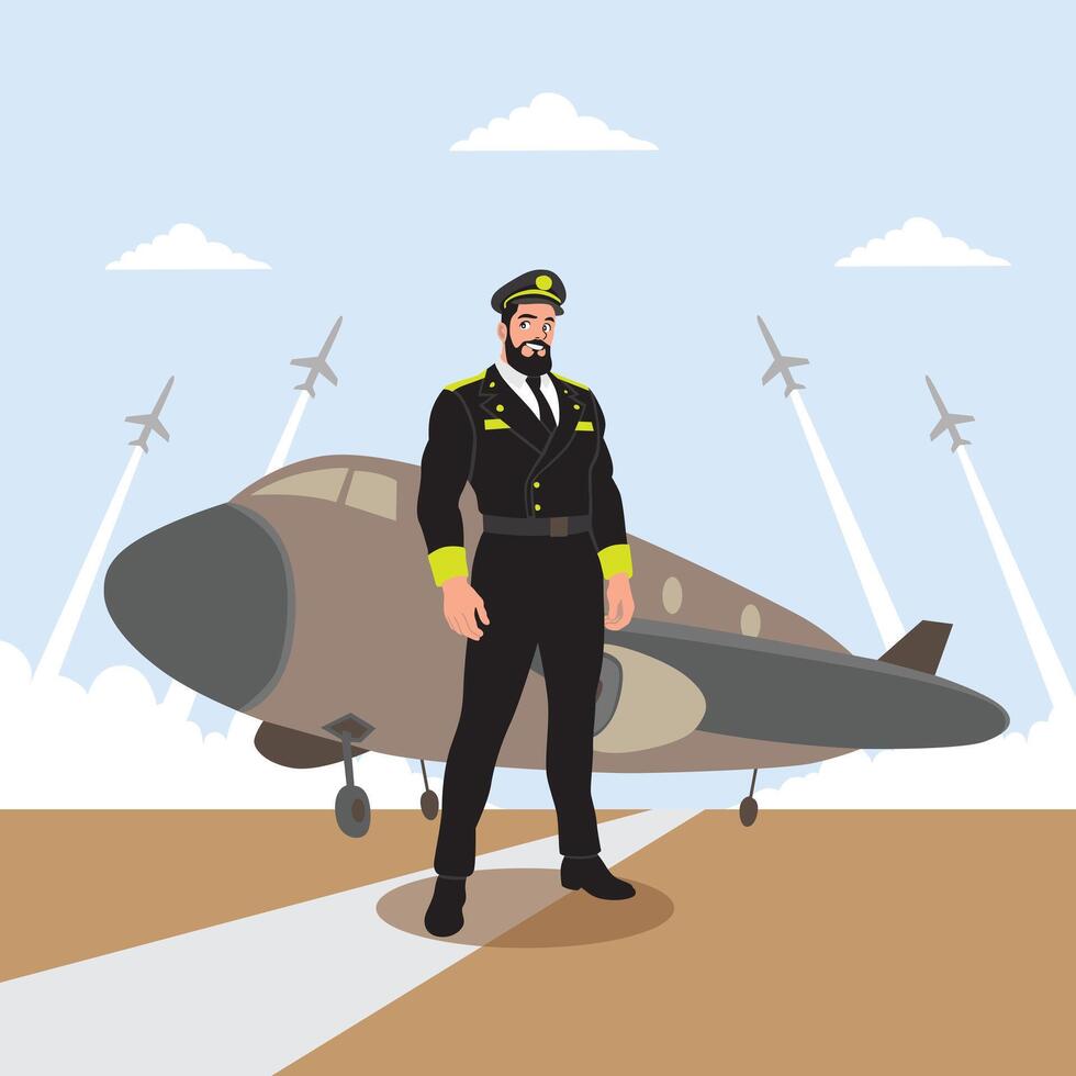 Vector illustration of a pilot standing on the runway with an airplane.