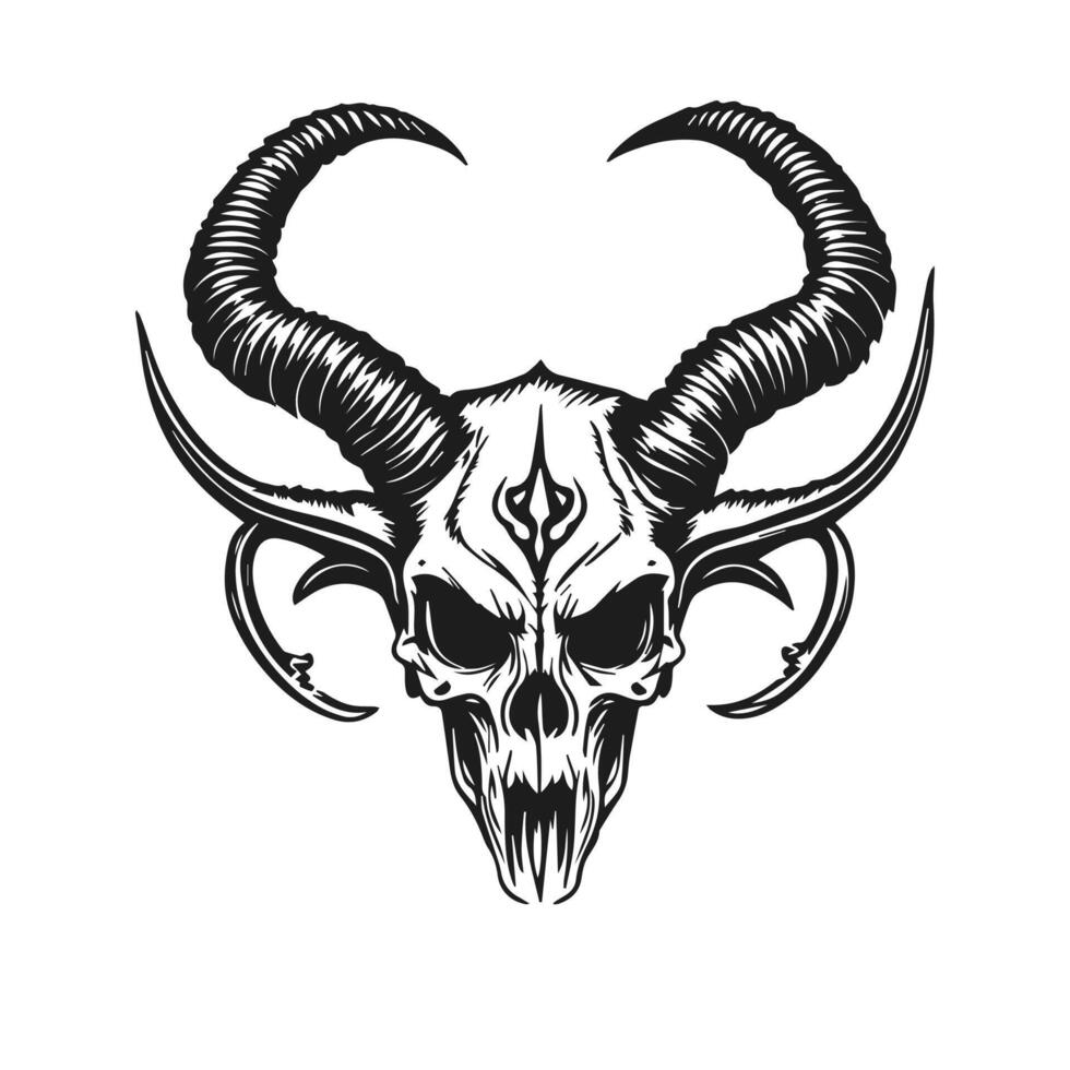 An artificial human skull with a pair of horns and spiked ears. A gothic design suitable for horror-themed t-shirts vector