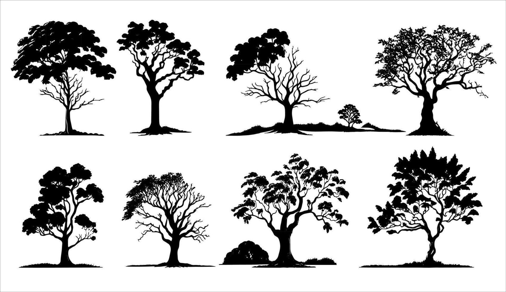 Set of oak trees in fall. A silhouette of a tree with few leaves due to fallen leaves in autumn vector