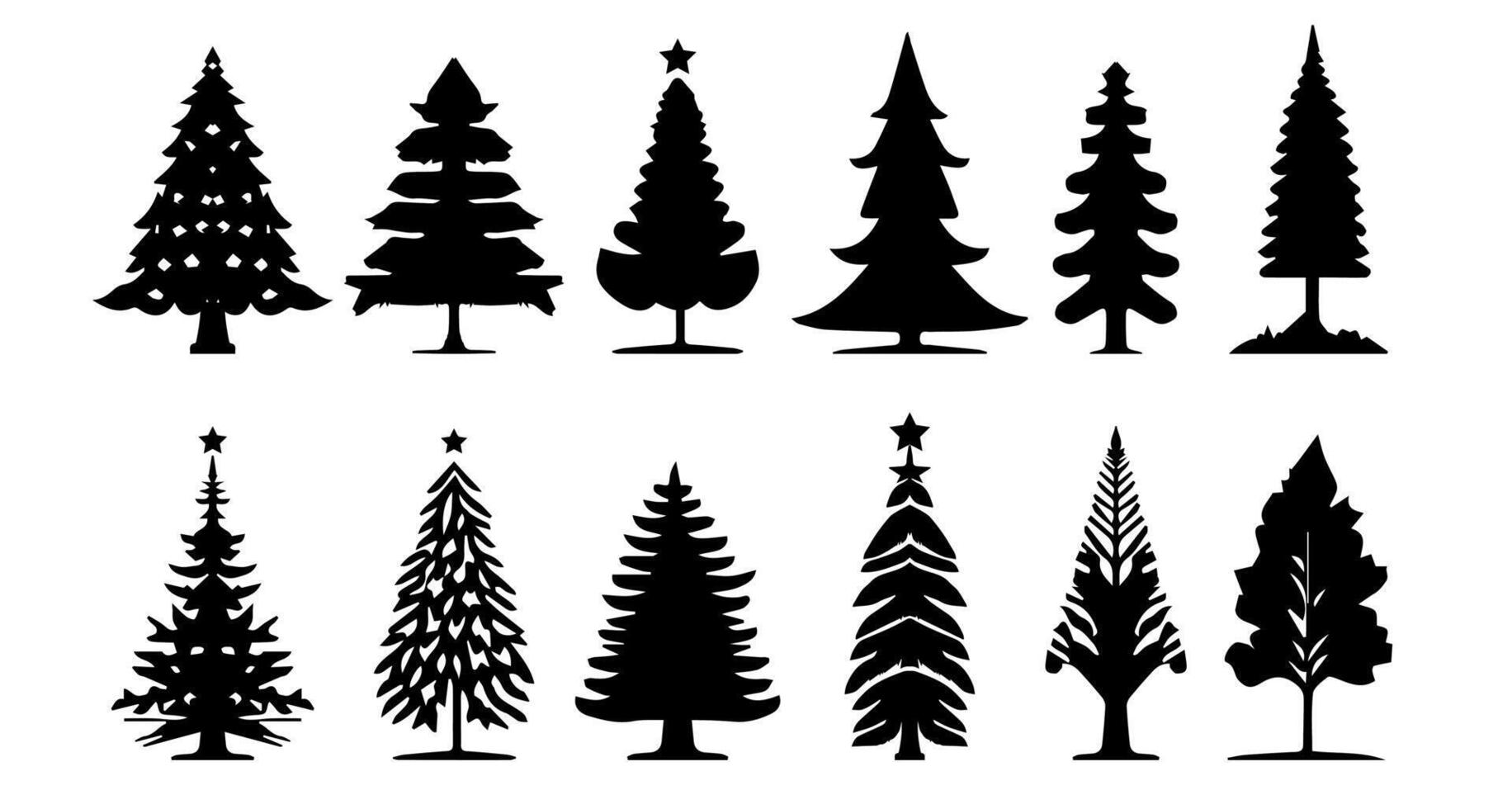 Collection of black and white fir tree silhouettes. Fir tree design for
