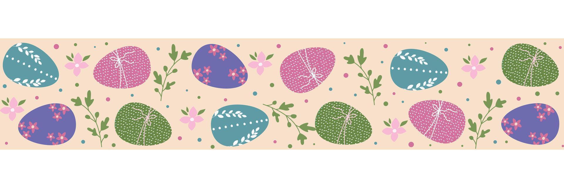 Border with Easter eggs and leaves. Easter pattern. vector