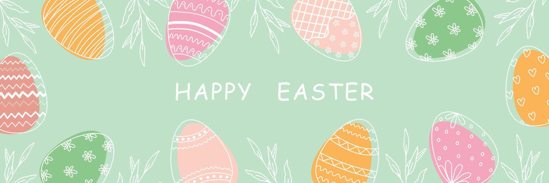 Decorative horizontal banner with Easter eggs and leaves. Vector holiday border with place for text.