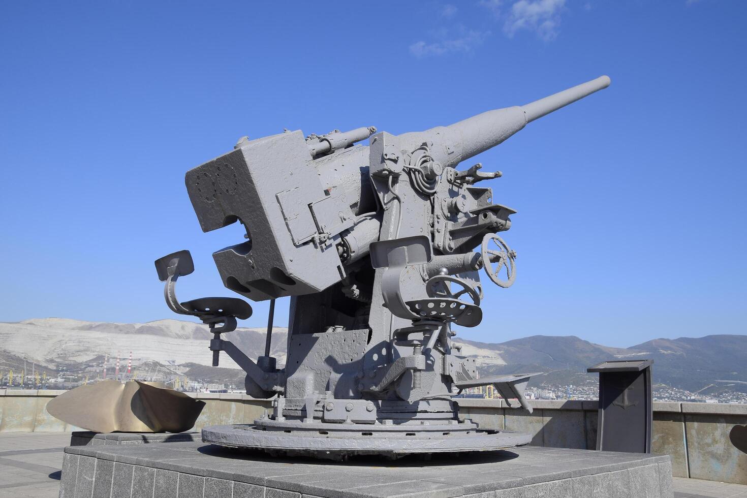 Russia, Novorossiysk 2021. Artillery battle cannon, raised from the bottom of the Black Sea. Weapons of defense in the Second World War. The restored exhibit photo