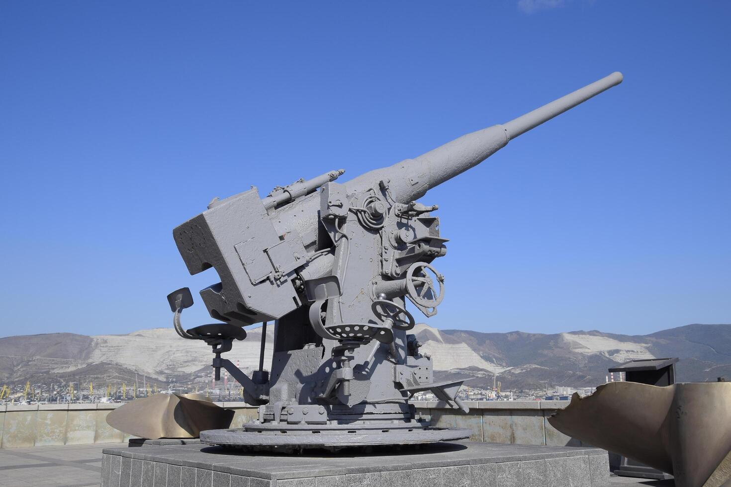 Russia, Novorossiysk 2021. Artillery battle cannon, raised from the bottom of the Black Sea. Weapons of defense in the Second World War. The restored exhibit photo