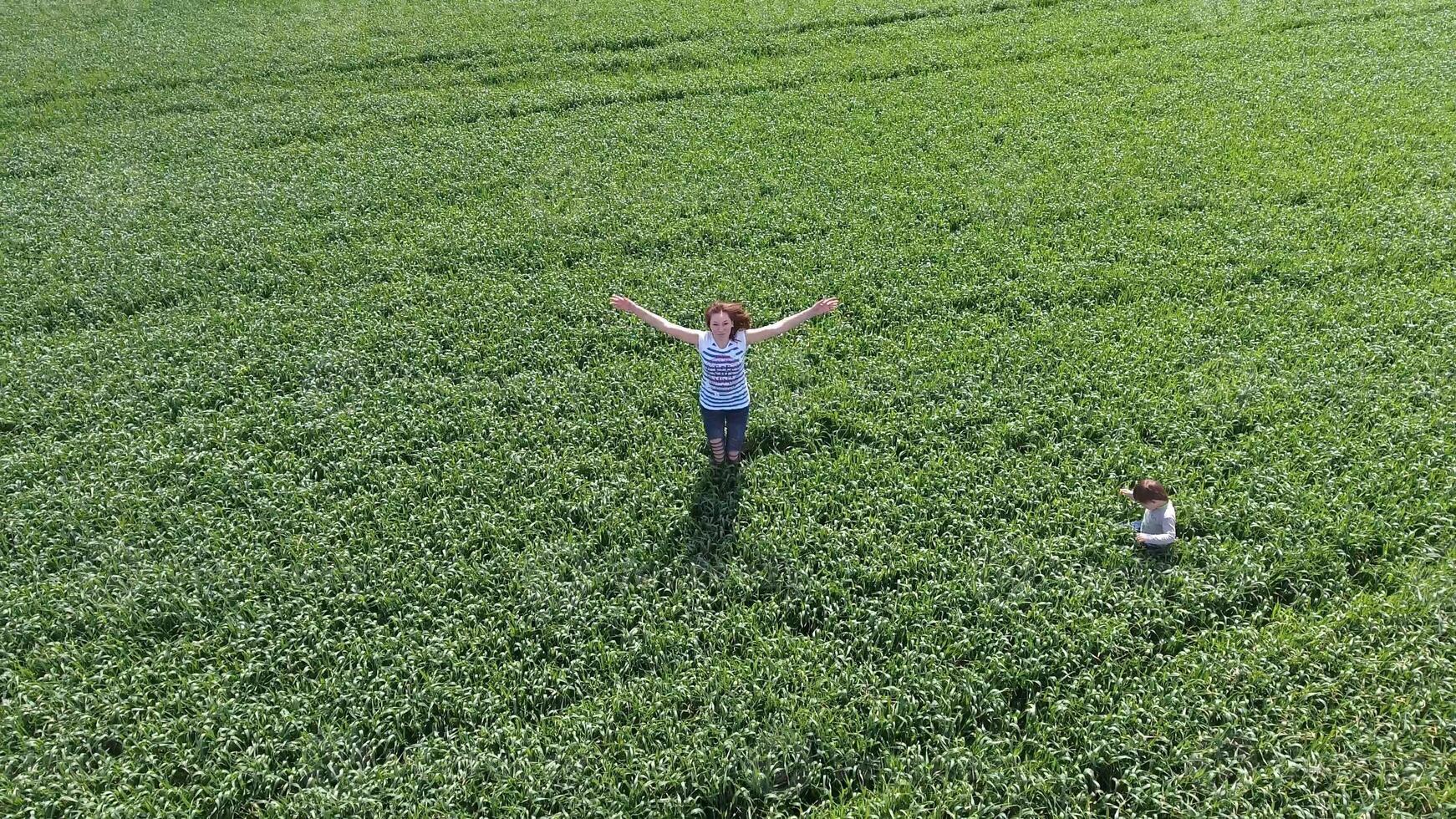 Young woman with her son playing on the field of green wheat. Walking in the open air. Video from the drone. photo