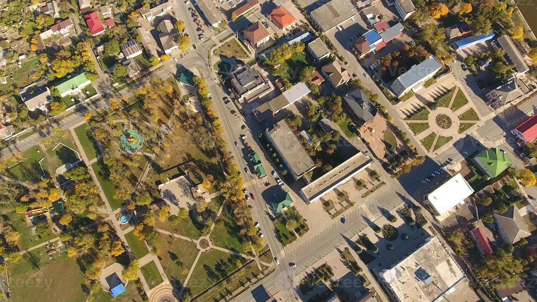 Top view of the village. The village of Poltavskaya. Central Park and Red Street. photo