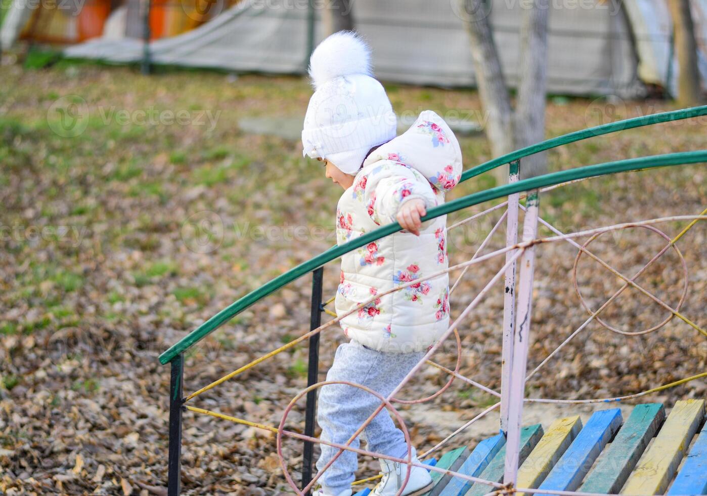 Little girl is playing on the playground in the park. The child goes on the steps of the playground. photo