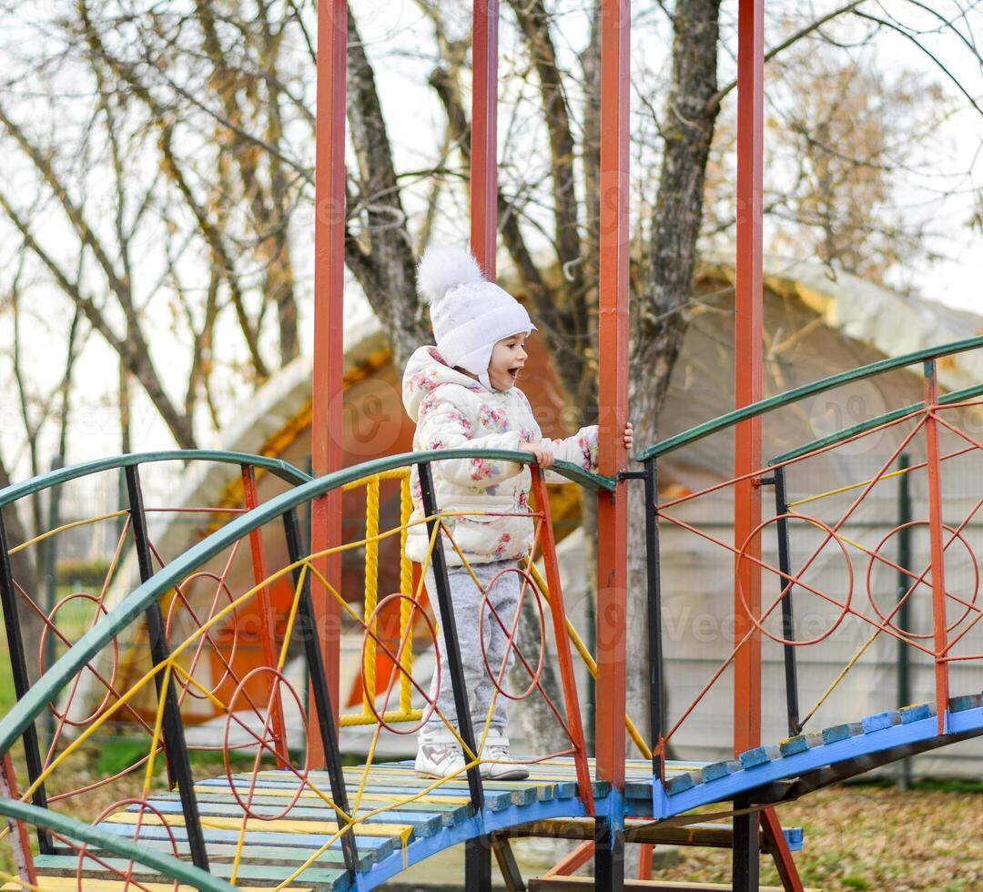 Little girl is playing on the playground in the park. The child goes on the steps of the playground. photo