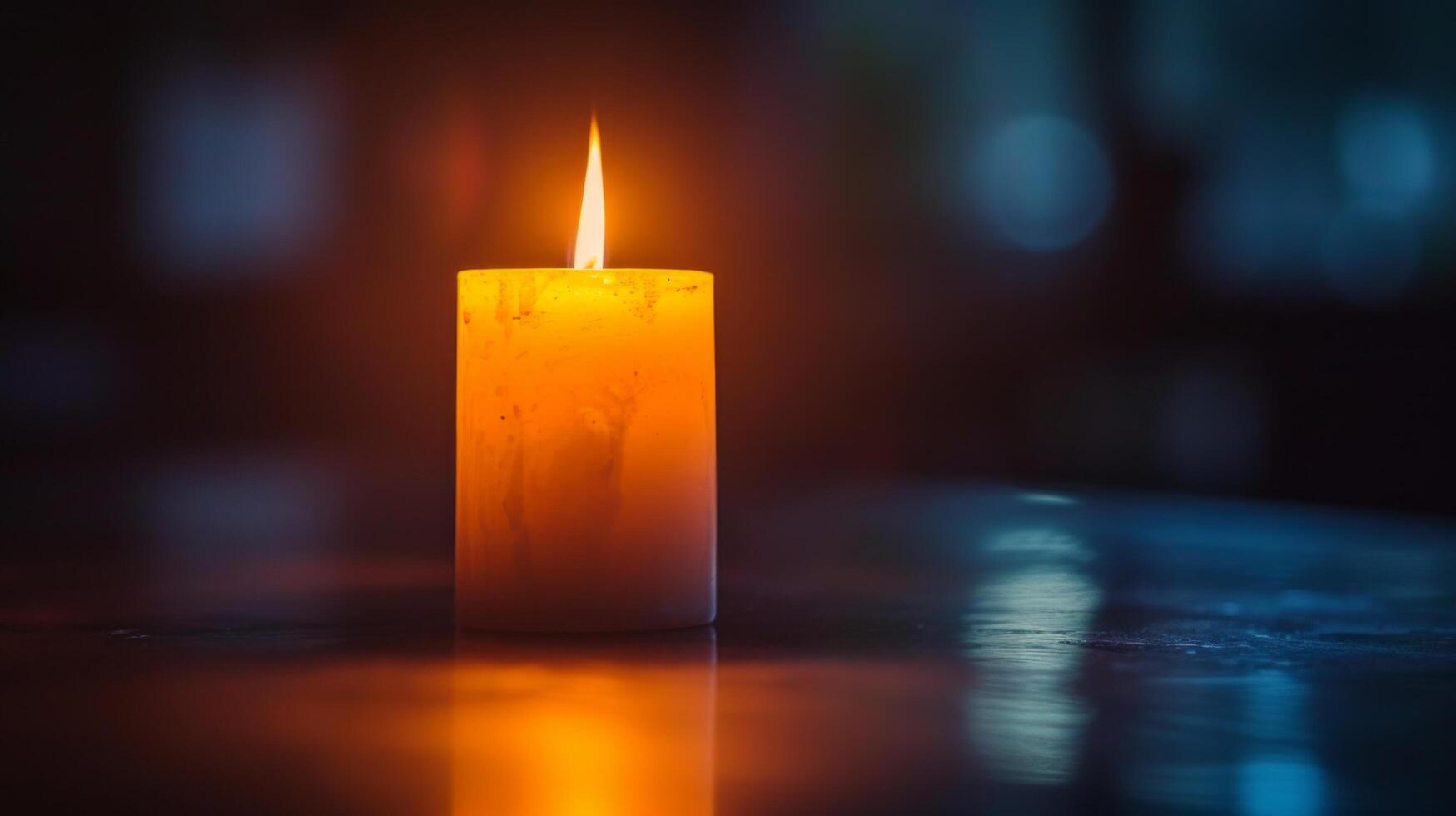 AI generated A single white candle burning against a dark, reflective surface photo