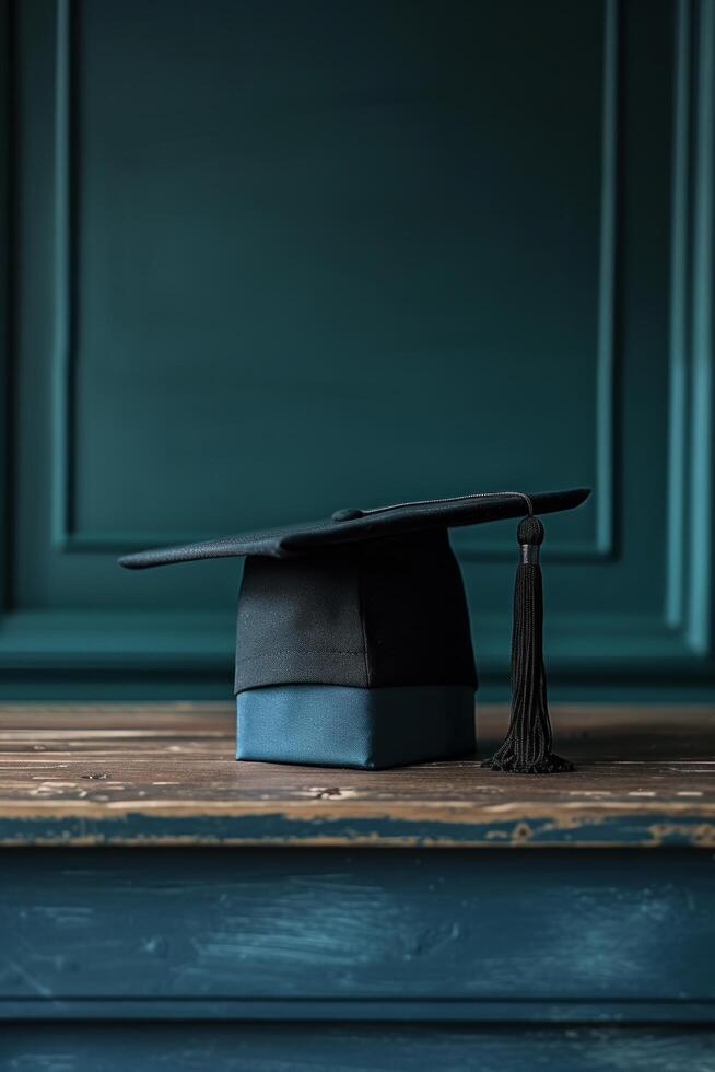 AI generated A simple backdrop adorned with a solitary graduate's cap, evoking memories of educational milestones photo