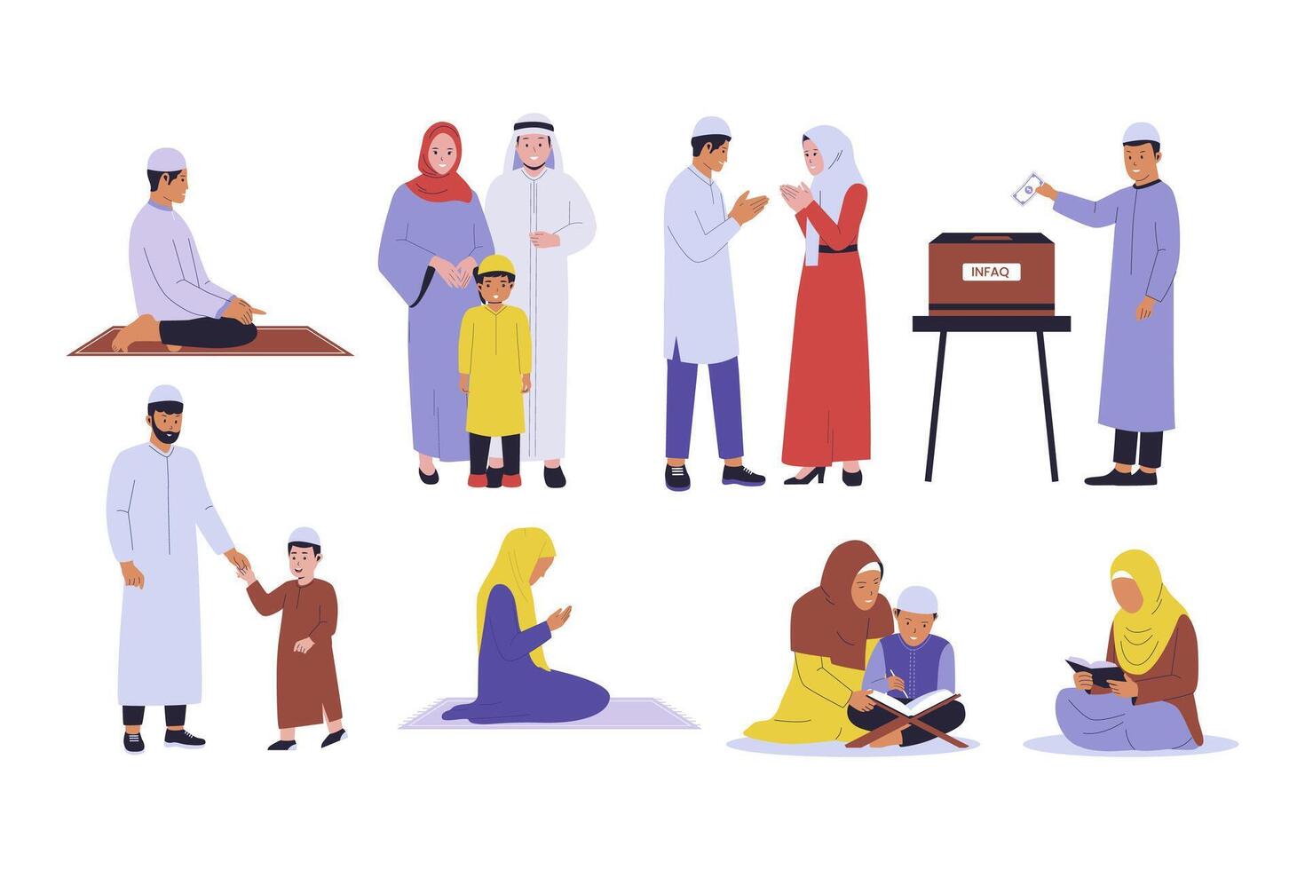 Muslim people activity illustration set collection vector